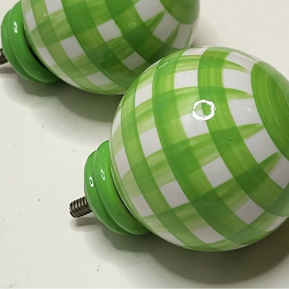 4 Pottery Barn Kids Green and White Gingham Curtain Finials. (Set of 4)